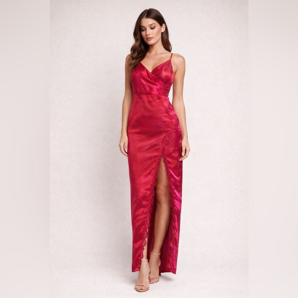 Saints + Secrets Pink Satin Lace Trim Maxi Slip Dress‎ L Valentine’s Day